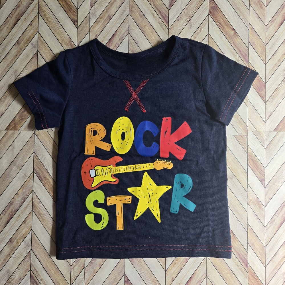 Kids Rock Star Guitar Navy Blue T-shirt Short Sleeve Casual Tee Boy Girl 4-5Y